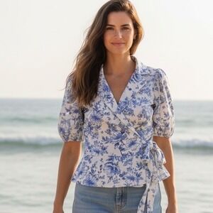 Violets & Roses Blue White‎ Floral Puff Sleeve Wrap Top Blouse XSmall NWT